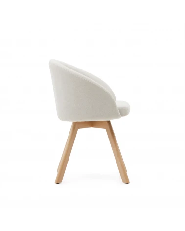 Marvin beige chenille swivel chair with solid beech wood legs in a walnut finish