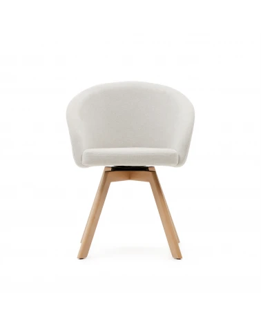 Marvin beige chenille swivel chair with solid beech wood legs in a walnut finish