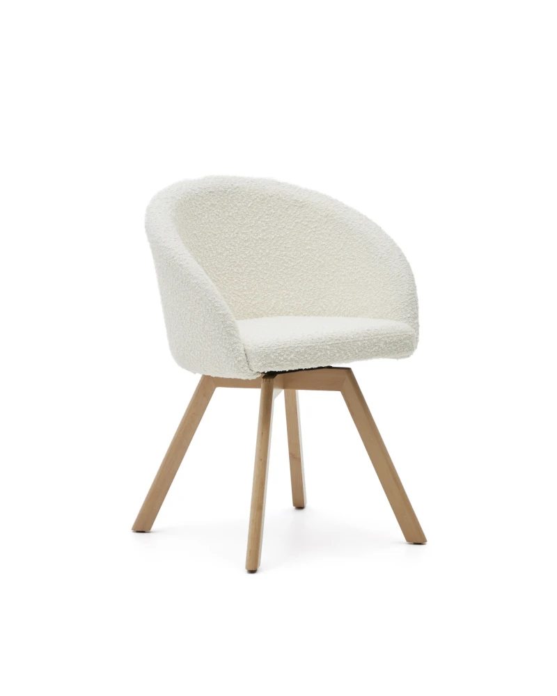Marvin swivel chair in white fleece with solid beech wood legs in a natural finish