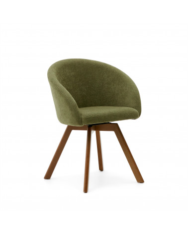 Marvin green chenille swivel chair with solid beech wood legs with a walnut finish