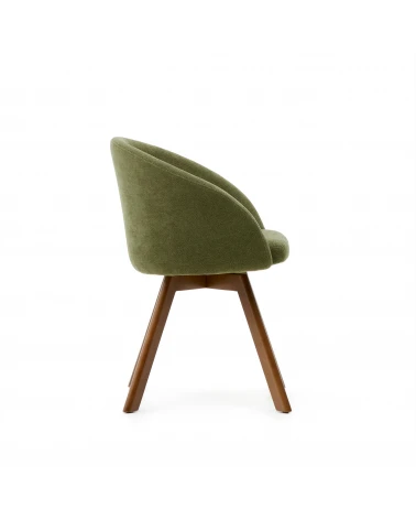 Marvin green chenille swivel chair with solid beech wood legs with a walnut finish