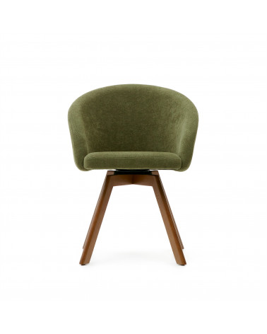 Marvin green chenille swivel chair with solid beech wood legs with a walnut finish