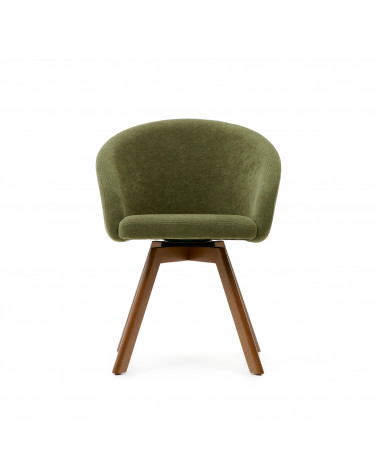 Marvin green chenille swivel chair with solid beech wood legs with a walnut finish