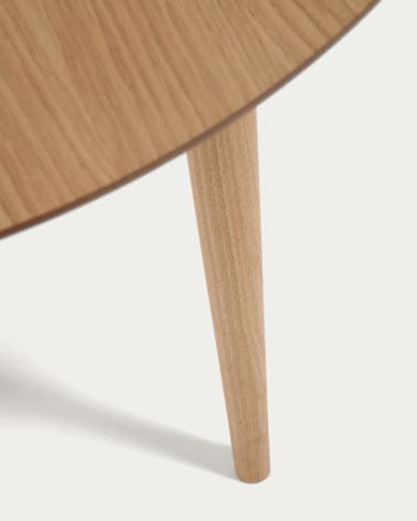 Oqui extendable round table in MDF oak veneer and solid wood legs, 90 (170) x 90 cm