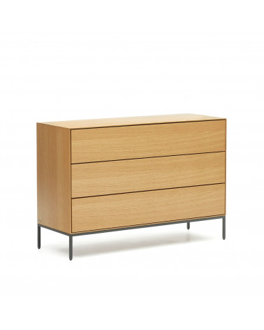 Vedrana 3 drawer chest of drawers in oak veneer with black steel legs, 110 x 75 cm