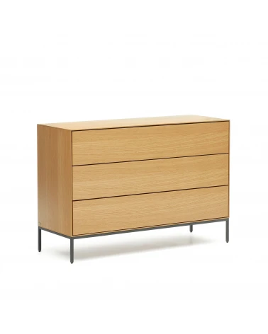 Vedrana 3 drawer chest of drawers in oak veneer with black steel legs, 110 x 75 cm