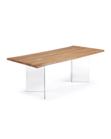 Lotty oak veneer table wit a natural finish and glass legs, 220 x 100 cm