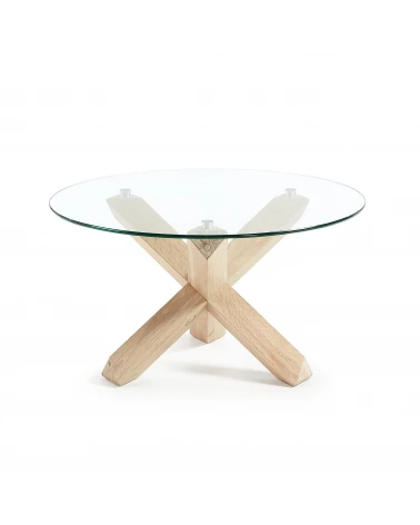 Lotus glass top coffee table with solid oak wood legs, Ă 65 cm
