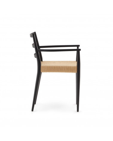 Analy chair with armrests in solid oak wood in a 100% FSC black finish and rope cord seat