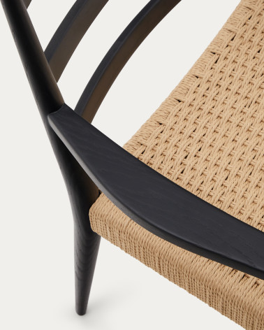 Analy chair with armrests in solid oak wood in a 100% FSC black finish and rope cord seat