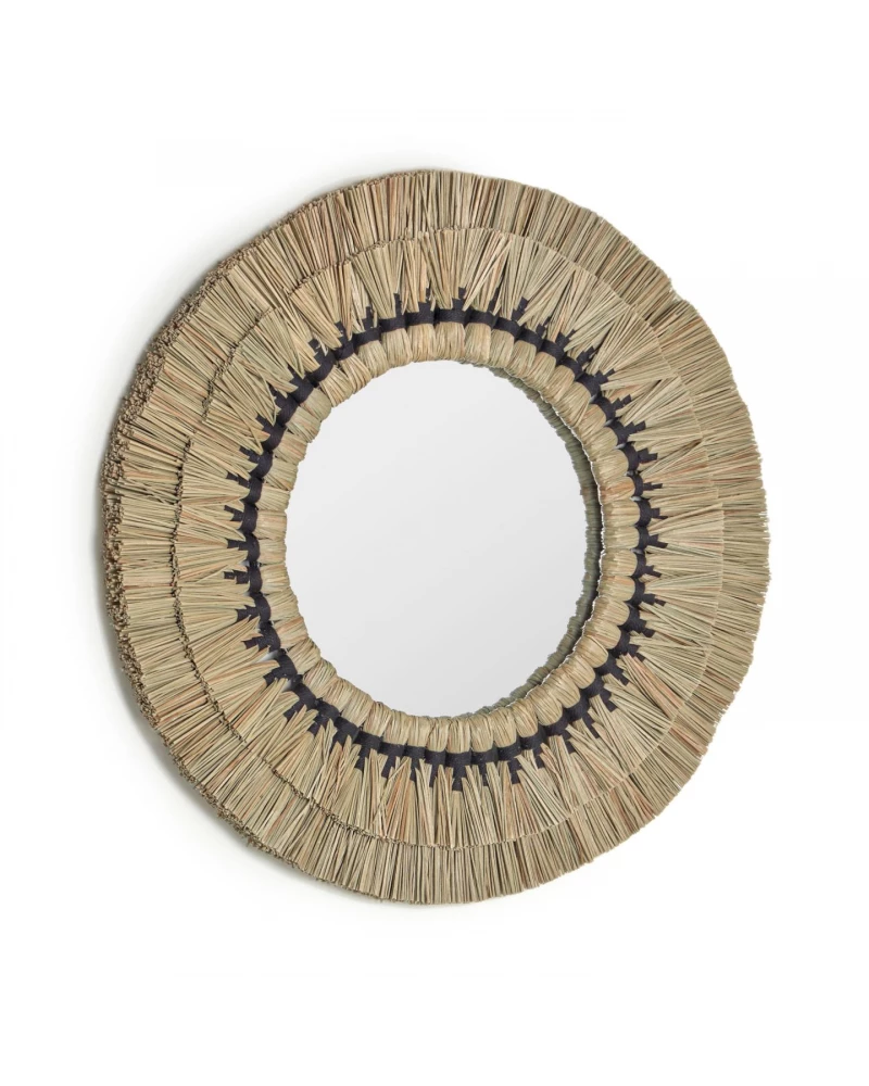 Akila round mirror made from beige natural fibres and black cotton cord, 60 cm