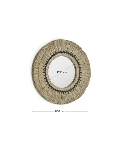 Akila round mirror made from beige natural fibres and black cotton cord, 60 cm