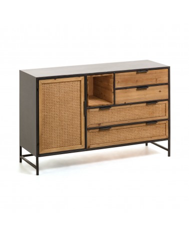 Kyoko fir tree wood & black metal sideboard w/ 1 door & 4 wicker drawers, 120 x 75 cm