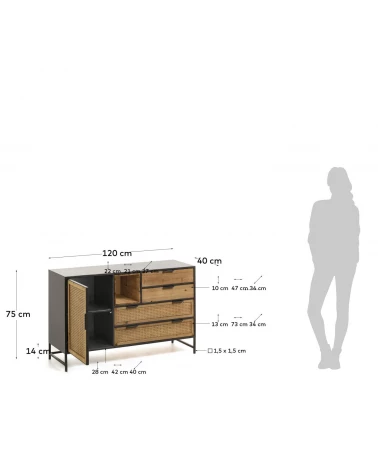 Kyoko fir tree wood & black metal sideboard w/ 1 door & 4 wicker drawers, 120 x 75 cm