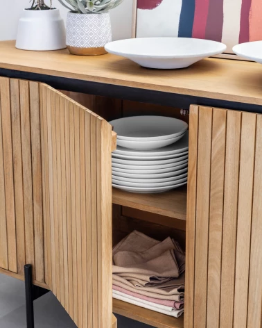 Licia solid mango wood sideboard with 4 doors and black finish metal, 170 x 80 cm