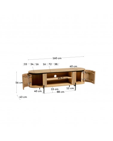 Licia solid mango wood TV stand with 2 doors and black finish metal, 160 x 56 cm