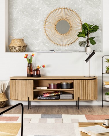 Licia solid mango wood TV stand with 2 doors and black finish metal, 160 x 56 cm