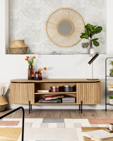 Licia solid mango wood TV stand with 2 doors and black finish metal, 160 x 56 cm