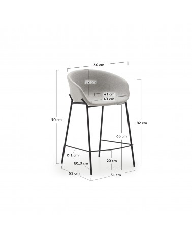 Yvette light grey stool with steel in a black finish, height 65 cm