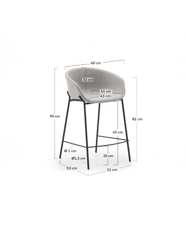 Yvette light grey stool with steel in a black finish, height 65 cm
