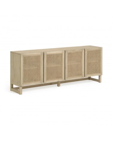 Rexit sideboard with 4 doors in solid and veneer mindi wood with rattan, 180 x 70 cm