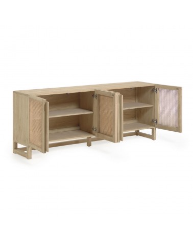 Rexit sideboard with 4 doors in solid and veneer mindi wood with rattan, 180 x 70 cm