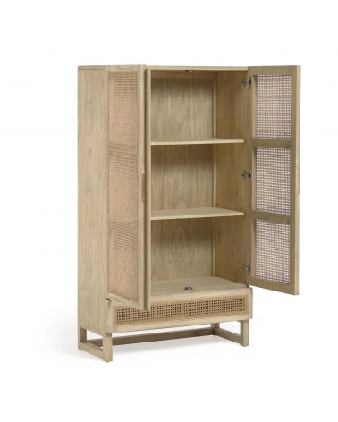 Rexit solid mindi wood and veneer wardrobe with rattan 90 x 160 cm
