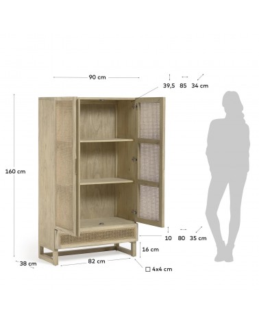 Rexit solid mindi wood and veneer wardrobe with rattan 90 x 160 cm