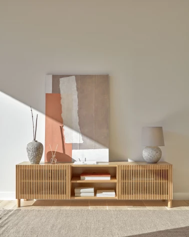 Beyla solid oak and oak veneer 2 door TV stand, 180 x 49.5 cm FSC 100%