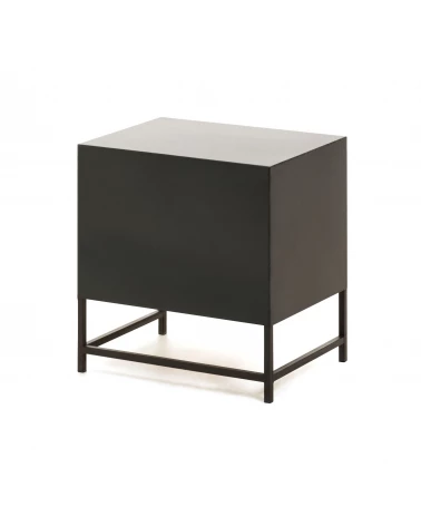 Kyoko bedside table made from solid fir wood with wicker and steel in black 50 x 51 cm