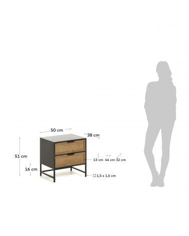Kyoko bedside table made from solid fir wood with wicker and steel in black 50 x 51 cm