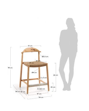 Nina stool in solid acacia wood height 62 cm