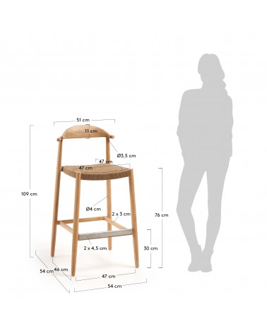 Nina stool in solid acacia wood, height 76 cm