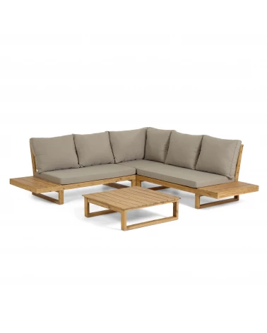 Flaviina 5 seater solid acacia wood corner sofa set with table