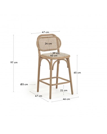 Doriane 65 cm height solid oak stool with natural finish and upholstered seat