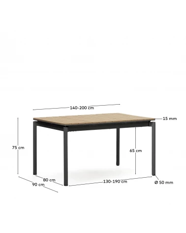 Canyelles extendable outdoor table, plastic lumber & matte black aluminium, 140 (200) x 90
