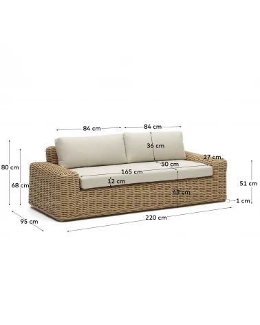 Portlligat 3 seater faux rattan outdoor sofa in a natural finish