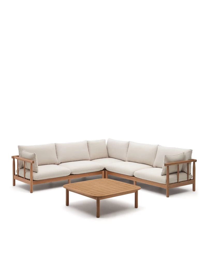 Sacova set, 5 seater corner sofa and coffee table made from solid eucalyptus wood, 100% FS