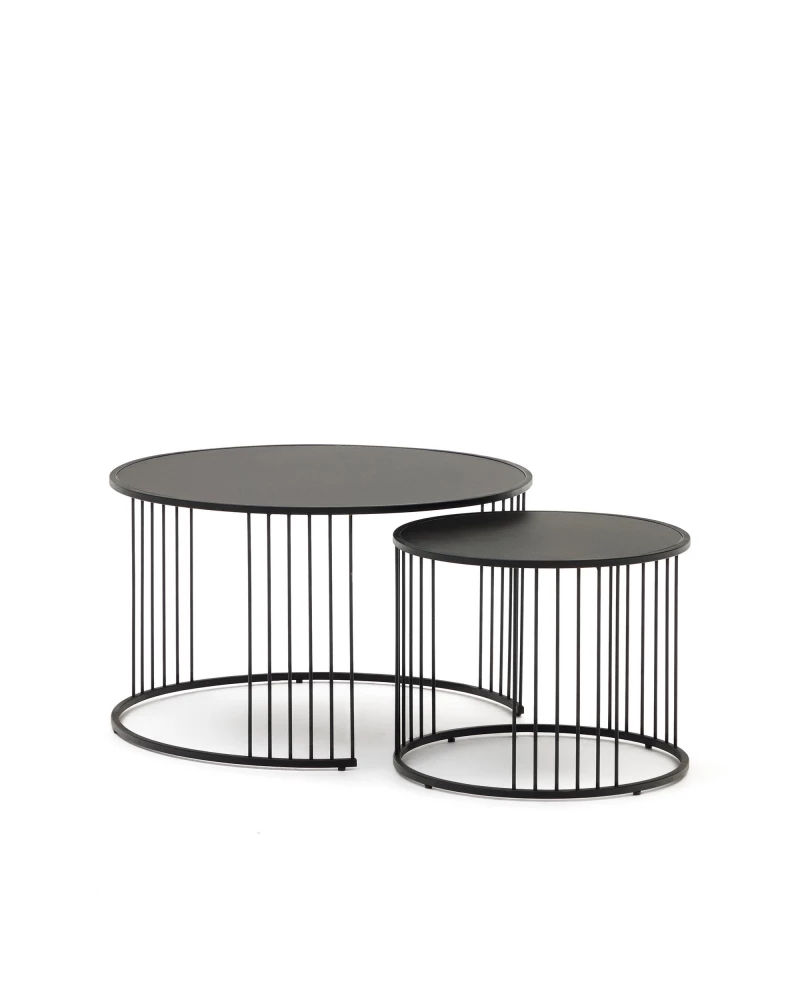 Hadar set of 2 tempered glass & metal side tables with matte black finish, Ø 75cm / Ø 45cm