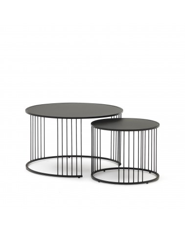 Hadar set of 2 tempered glass & metal side tables with matte black finish, Ø 75cm / Ø 45cm