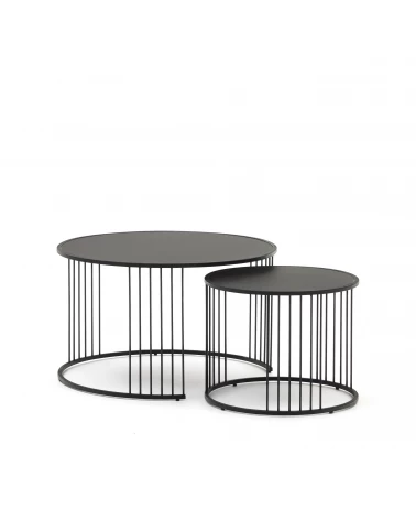 Hadar set of 2 tempered glass & metal side tables with matte black finish, Ø 75cm / Ø 45cm