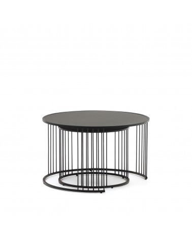 Hadar set of 2 tempered glass & metal side tables with matte black finish, Ø 75cm / Ø 45cm