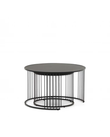 Hadar set of 2 tempered glass & metal side tables with matte black finish, Ø 75cm / Ø 45cm