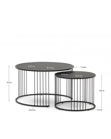 Hadar set of 2 tempered glass & metal side tables with matte black finish, Ø 75cm / Ø 45cm