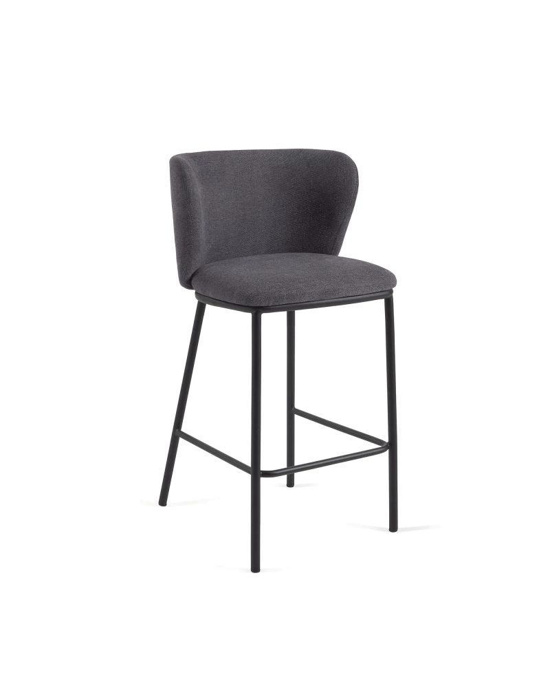 Ciselia stool in dark grey chenille with steel legs in black finish, 65 cm height