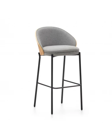 Eamy light grey stool in an ash wood veneer with a natural finish and black metal, 75 cm
