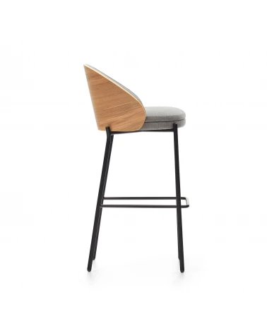 Eamy light grey stool in an ash wood veneer with a natural finish and black metal, 75 cm