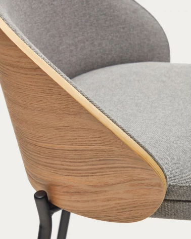 Eamy light grey stool in an ash wood veneer with a natural finish and black metal, 75 cm