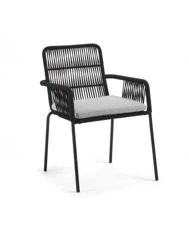 Samanta stackable chair made from black cord and galvanised steel legs.