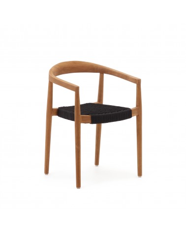 Ydalia stackable outdoor chair in solid teak wood with natural finish and black rope